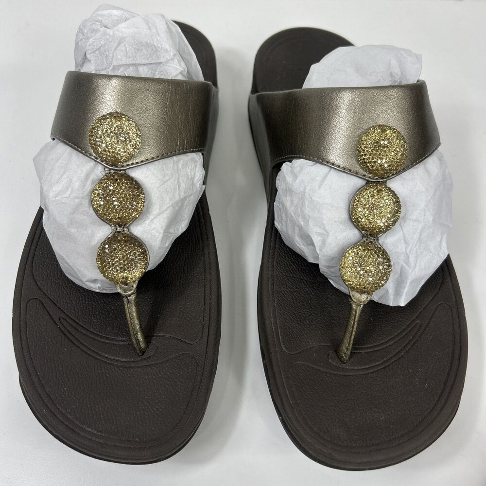 Fitflop Sandals Petra Womens Sz 11 Brown Metallic Gold Toe Post Embellished READ